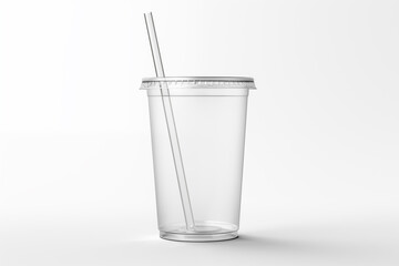 Empty transparent plastic cup mockup with straw on a white background