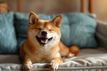 Shiba Inu Dog Relaxing on Couch with Smile