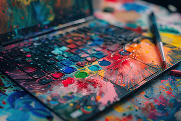 A laptop with colorful watercolor paints