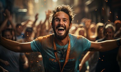 Man With Outstretched Arms in Front of Crowd - obrazy, fototapety, plakaty