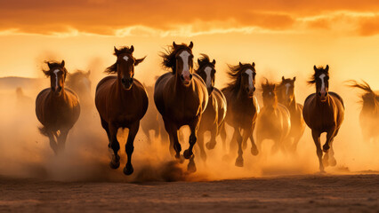 Golden Horizon: Horses in Full Stride at Sundown
