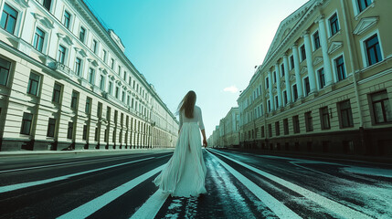 A woman in a white dress walks down the street.