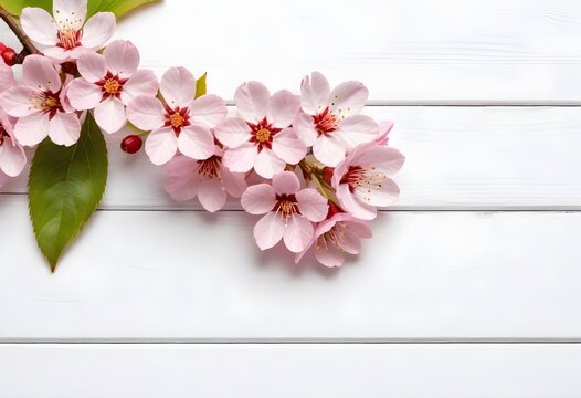 Pink cherry blossoms on blue wooden planks background