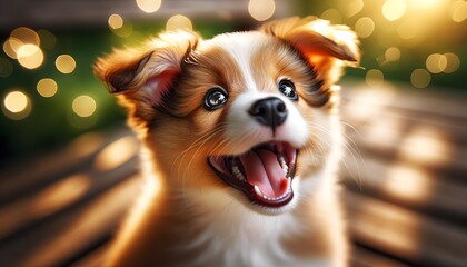 A smiling puppy  dog with its mouth open, the radiant smile of a puppy dog. - obrazy, fototapety, plakaty
