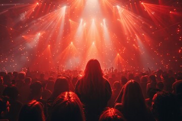A large group of people gathered to watch a concert on a stage illuminated by bright lights.