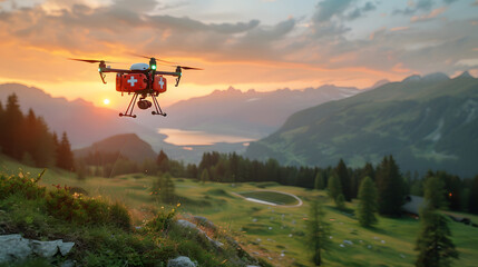A drone with red first aid kit flies over a mountain valley at sunset. - obrazy, fototapety, plakaty