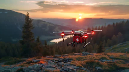 Foto op Canvas A drone with red first aid kit flies over a mountain valley at sunset. © wing