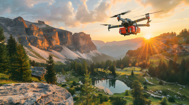 A drone with red first aid kit flies over a mountain valley at sunset.