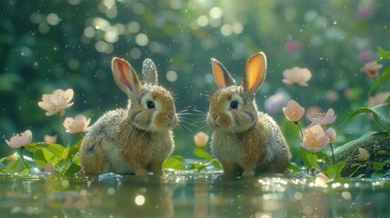Two rabbits sitting calmly in a shallow water body with a beautiful backdrop of blooming flowers.