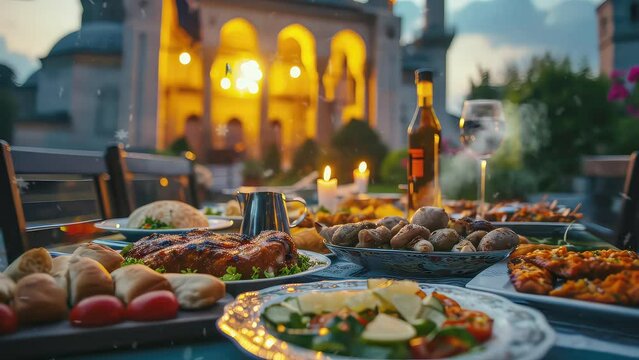 Animation Food on table in the mosque courtyard. seamless 4k video background. generated with ai