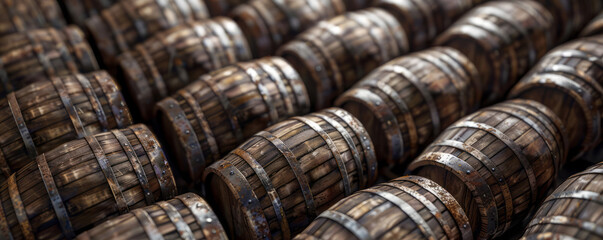 A close-up shot shows rows of barrels in a wine cellar, with minimalist photography, a texture-rich appearance, in dark azure and bronze colors.