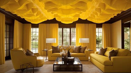 Hang yellow fabric panels from the ceiling with ruched detailing for texture.