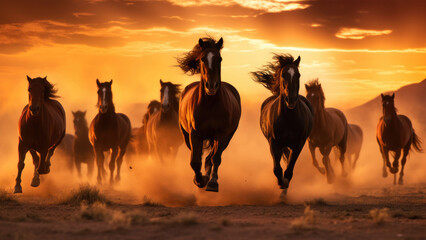 Sunset Stampede: Horses Galloping in Golden Light