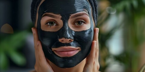 Woman applying charcoal mask for natural skincare home spa day concept. Concept Skincare Routine, Charcoal Mask, Home Spa, Natural Beauty, Self-care Day