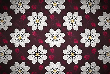 A white floral pattern is used on fabric, with a simplistic vector art style, dark pink and white colors, and realistic and naturalistic textures.
