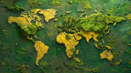 A map of the world with some areas in grass green and yellow, textured pigment planes, industrial fragments, and dusty piles.