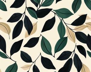 A leaf pattern in green, beige, and black on a cloth, with minimalist geometrics, and dark emerald and light beige colors.