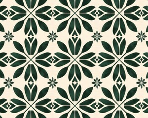 A green geometric design on a white background, with dark emerald and beige colors, flower patterns, a sense of humor and heart