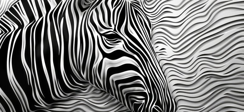 A black and white zebra pattern art drawing as a background, with wavy lines, organic shapes, and linear perspective.