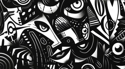 An abstract black and white pattern features different shapes, masks and totems, organic chaos, and an energetic street artist style.