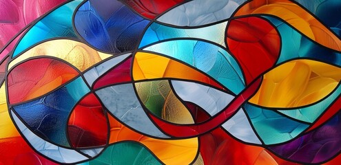 An abstract design with decorative glass art, colorful drawings, colorful curves, mosaic graffiti, and strip painting.