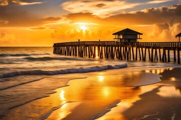 View across the Gulf of Mexico from beach beside Naples Pier, sunset, golden sky above horizon, Naples, Florida, United States of America.