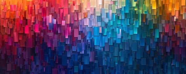 A rainbow color gradient abstract pattern background, with cubist cityscapes, dark sky-blue and dark aquamarine colors, pixel art, and strip painting.