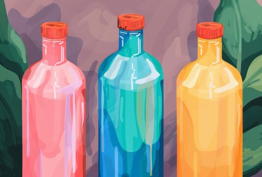 Colorful bottles with juice inside, with clear edge definition, ethical concerns, a berrypunk theme, and push processing.