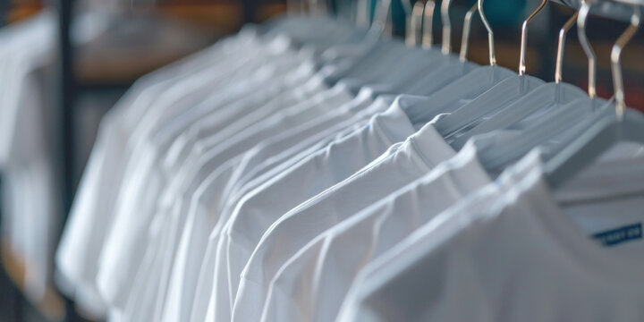 Collection of White TShirts Hanging on Hangers in a Modern Clothing Store for Casual Fashion Shopping Concept