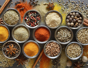 Colorful herbs and spices for cooking Indian spices