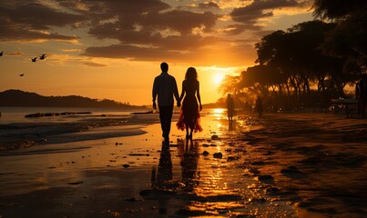 Man and Woman Walking on Beach at Sunset