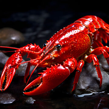 A detailed close-up photograph of a red  lobster resting on a Coral's, Close-up of rare red lobster, AI Generated lobster image.