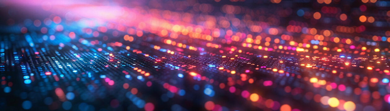 A festive blurred background with colorful, glowing bokeh lights