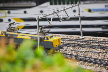 Toy train in a miniature city in Madurodam park, Netherlands