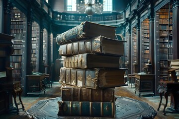 Stack of Old Books in a Mysterious Library - obrazy, fototapety, plakaty