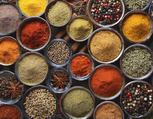 Colorful herbs and spices for cooking Indian spices
