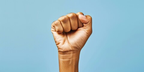 Close-up of a clenched fist raised in the air, symbolizing strength against a simple background , concept of Empowerment - obrazy, fototapety, plakaty