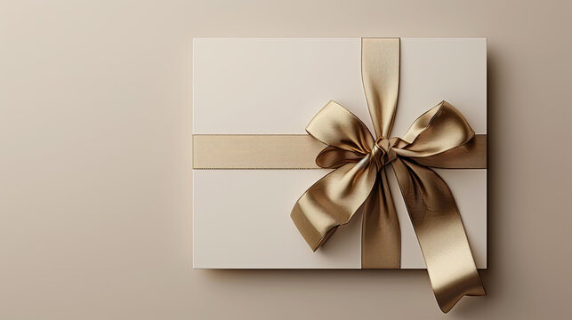 white blank mockup card with silk bow on it on beige background,  wedding cards, bridal shower or other party invitation cards, christmas, birthday, Place for text. Flat lay