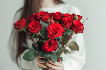 Female hands with bouquet of beautiful red roses on white background.