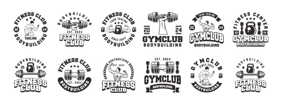 Retro styled fitness emblem collection. Vintage gym logo templates bundle. Monochrome fitness emblems logo vector.