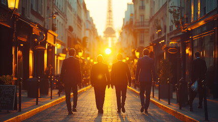 Obraz premium A group of men in suits walk down the street.