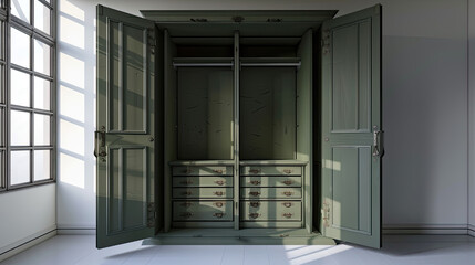 Fototapeta premium an empty room with minimal interior design olive sage green wardrobe or cupboard design , empty open closet style