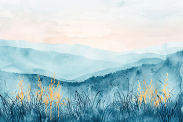 Minimal landscape art with watercolor brush and golden line art texture.