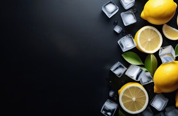Whole lemons and slices with ice cubes on the right side of the frame lie on a black surface, top view, banner with space for text