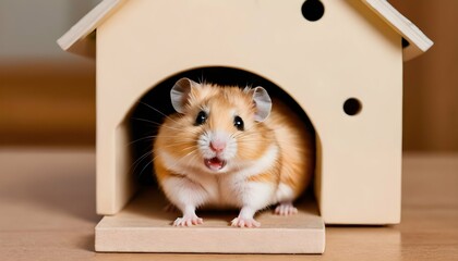 A Hamster Popping Out Of A Tiny Hamster House
