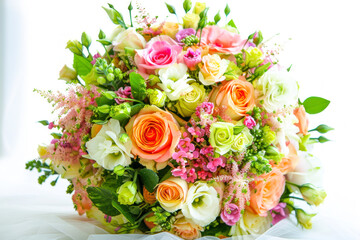 Wedding bouquet isolated on white. Fresh, lush bouquet of colorful flowers.