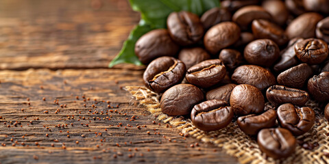 Coffee beans on an old wooden background with copy space for your text, coffee beans on a brown...
