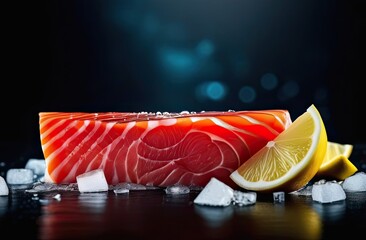 Large fresh piece of red raw fish fillet with ice cubes and lemon slices lying on black surface, dark blurred background, banner with space for text