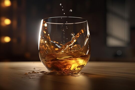 Dynamic Whiskey Splash on Wooden Table