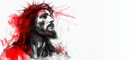 Red black sketch of Jesus Christ with crown of thorns on his hand on white background. - obrazy, fototapety, plakaty